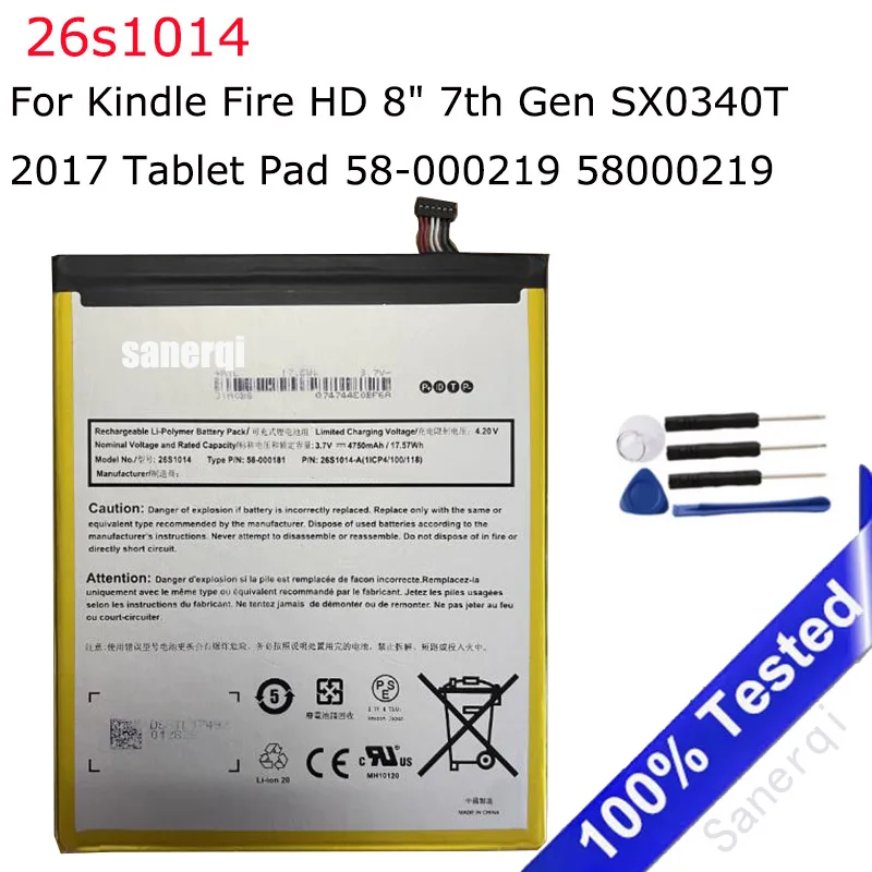 

Battery 26s1014 4750mAh For Kindle Fire HD 8" 7th Gen SX0340T 2017 Tablet Pad 58-000219 58000219 Smartphone Battery