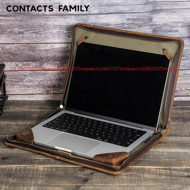 Genuine Leather 14.2 inch Zipper Folio Hand Bag Case Cover For MacBook Pro 14