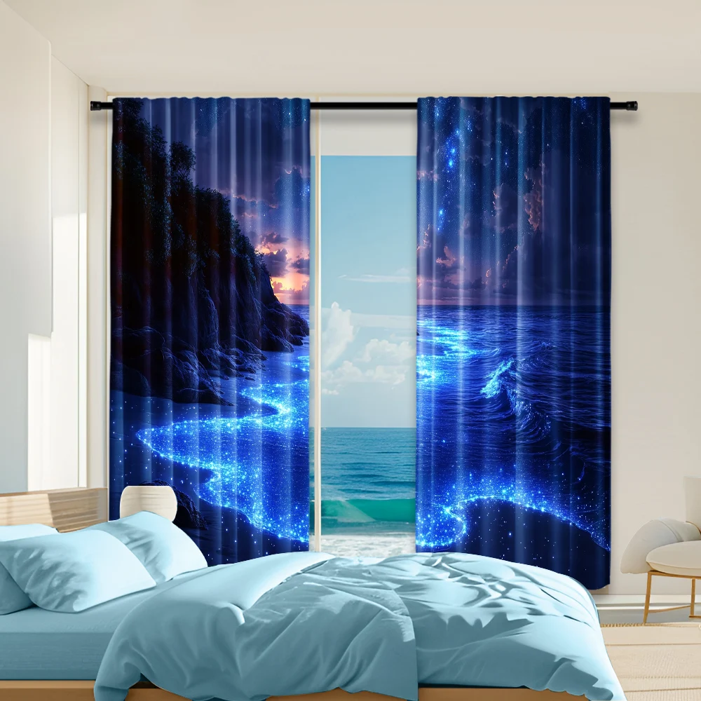 2 pcs, versatile polyester transparent curtains for home decoration Beach Night Scene Theme for use in bedrooms and living rooms