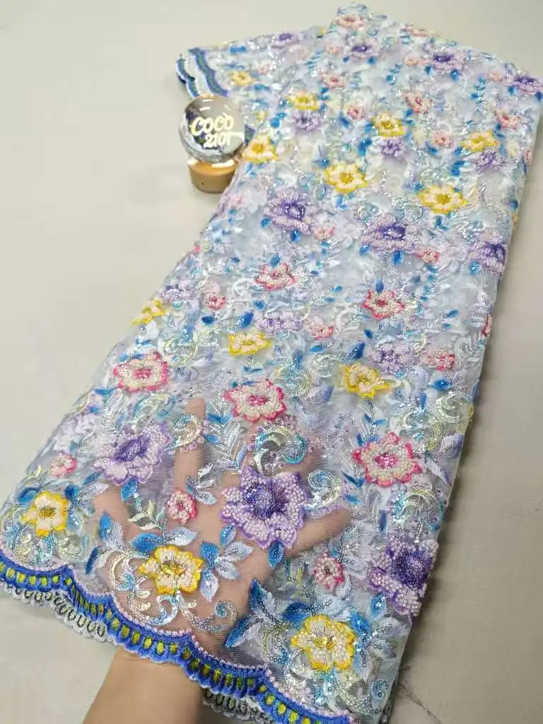 Top Grade High Quality African Nigeria Sequins Tulle Lace Fabric Embroidery Wedding Party Guipure Dress Beads Stone XL208