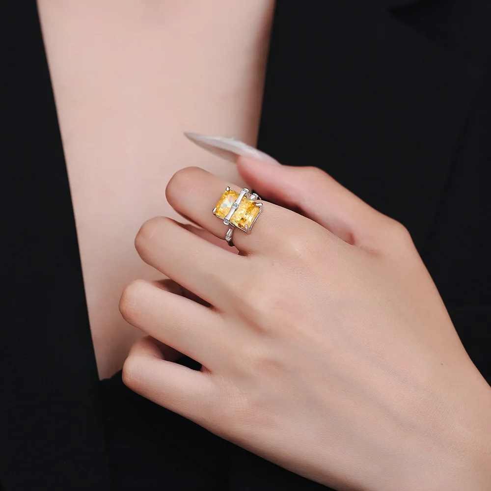 Emerald Cut Natural Yellow Citrine 925 Sterling Silver Bamboo Joint Open Ring for Women Rectangle Gemstone Jewelry Wedding Gift