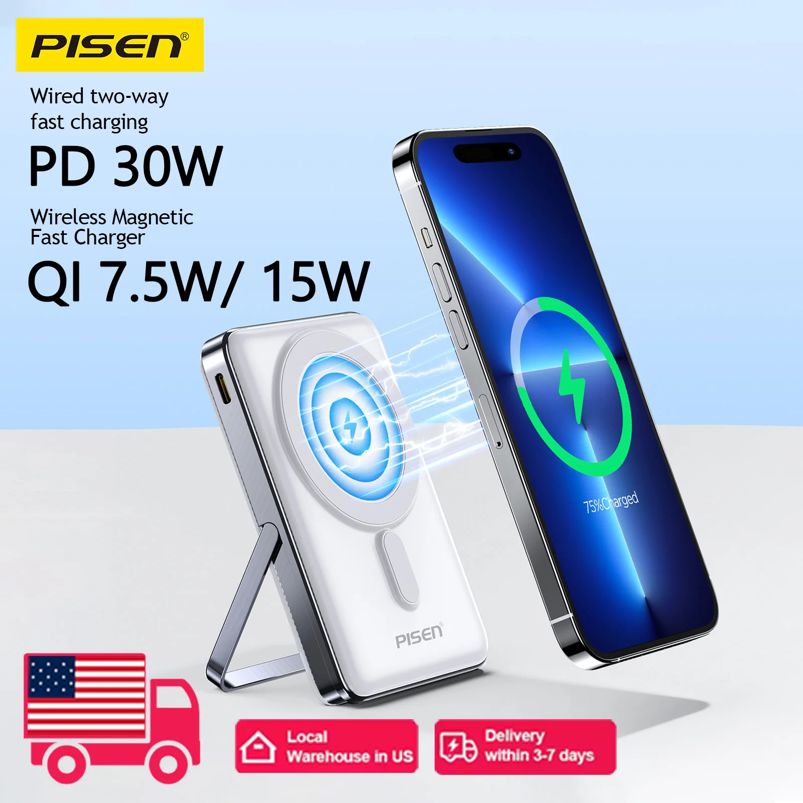 

PISEN Magnetic Wireless Power Bank with Built in Stand MagSafe Compatible 30W USB C Fast Charging for iPhone Samsung Huawei