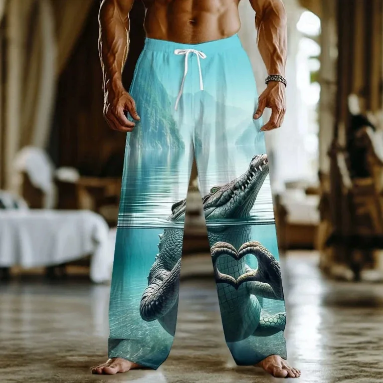 Retro Stitched Denim Splicing Texture AllOverPrint MensCasualPantsElasticDrawstringHighWaistLooseFitStreetDailyWearLong Trousers