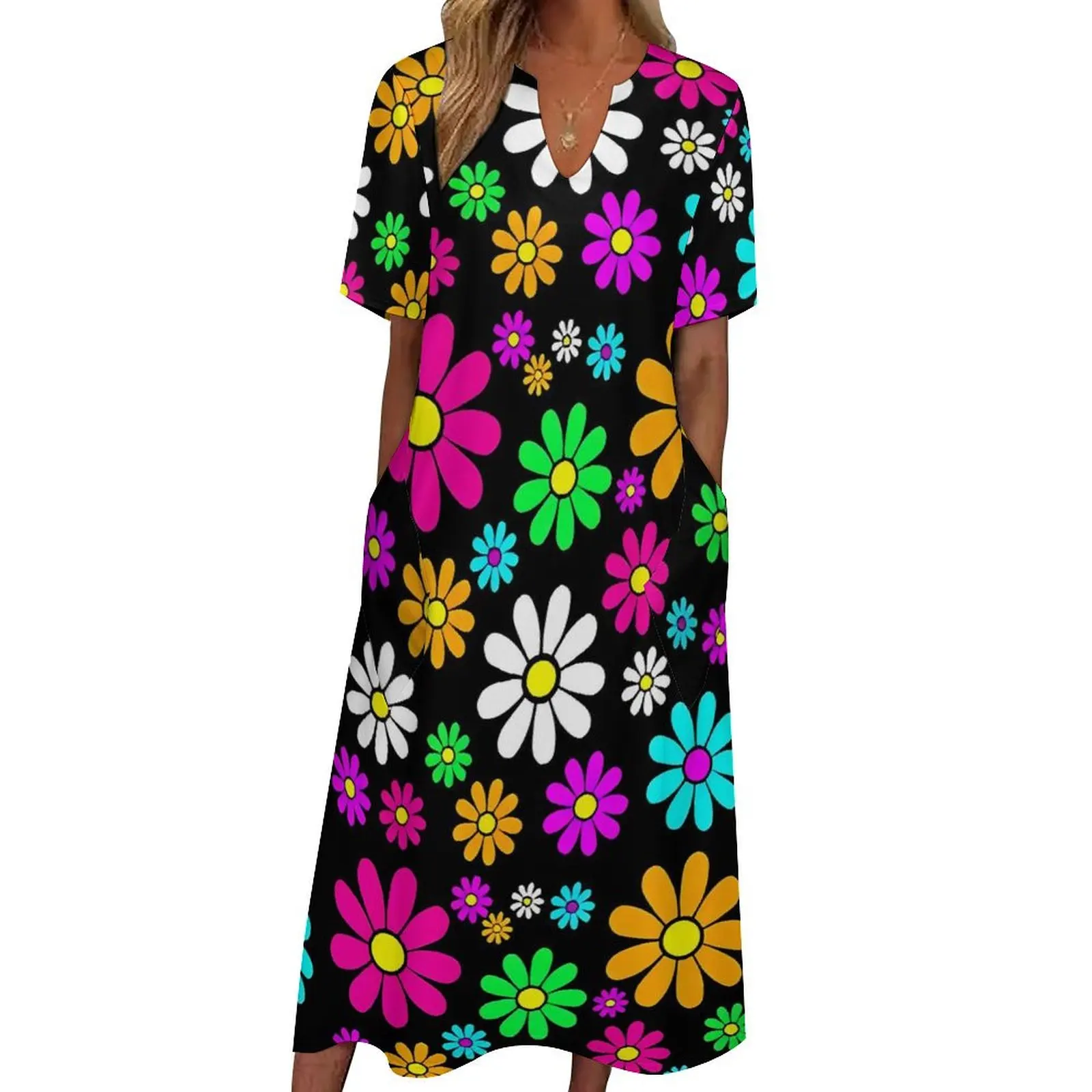 Flower Power Dress Spring Hippie Groovy Daisies Street Style Bohemia Long Dresses Women Printed Trendy Maxi Dress 3XL 4XL 5XL