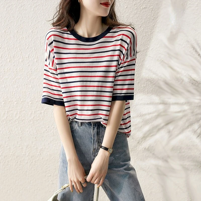 Knitted T-shirts Women Fashion Ice Silk Short Sleeve Tops Summer Trend Thin Loose T Shirt Breathable Striped Tshirt Y2k Clothes