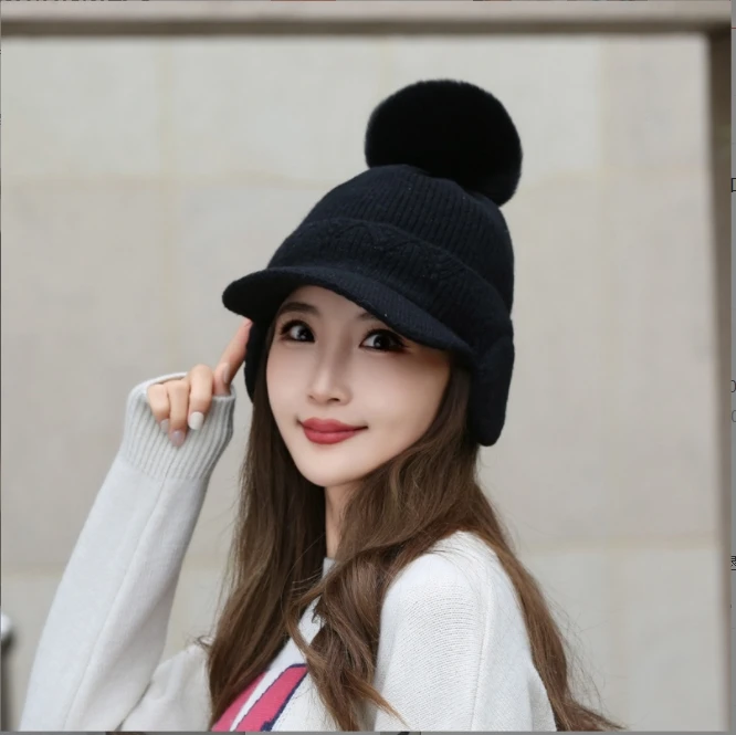 Autumn Winter Knitted Baseball Cap for Women  Big Pompom Plush Warm Baseball Cap Ladies Girl Sport Riding Ear Warmer Bonnet