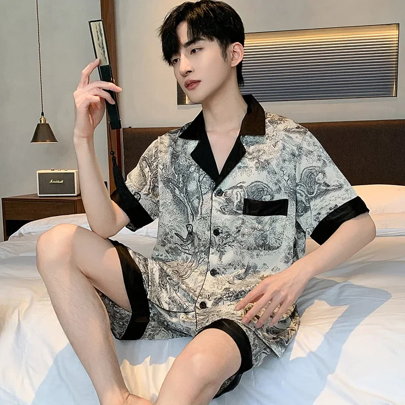 

High Quality Fashion Design Ink Pajamas Suit Men Ice Silk Thin Summer Short Sleeved Satin Home Clothing Loose Sleepwear Set Male