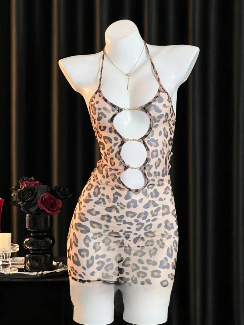 Luipaardprint uitgesneden doorzichtige halterhals heupknuffeljurk voor dames, wild en verleidelijk uniform uit één stuk, perfect romantisch