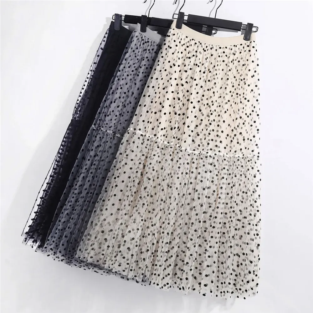 Elegant Polka Dot Tulle Skirts Women Casual Mesh Elastic High Waist A-Line Skirt Female Party Beach Princess Midi Pleated Skirt