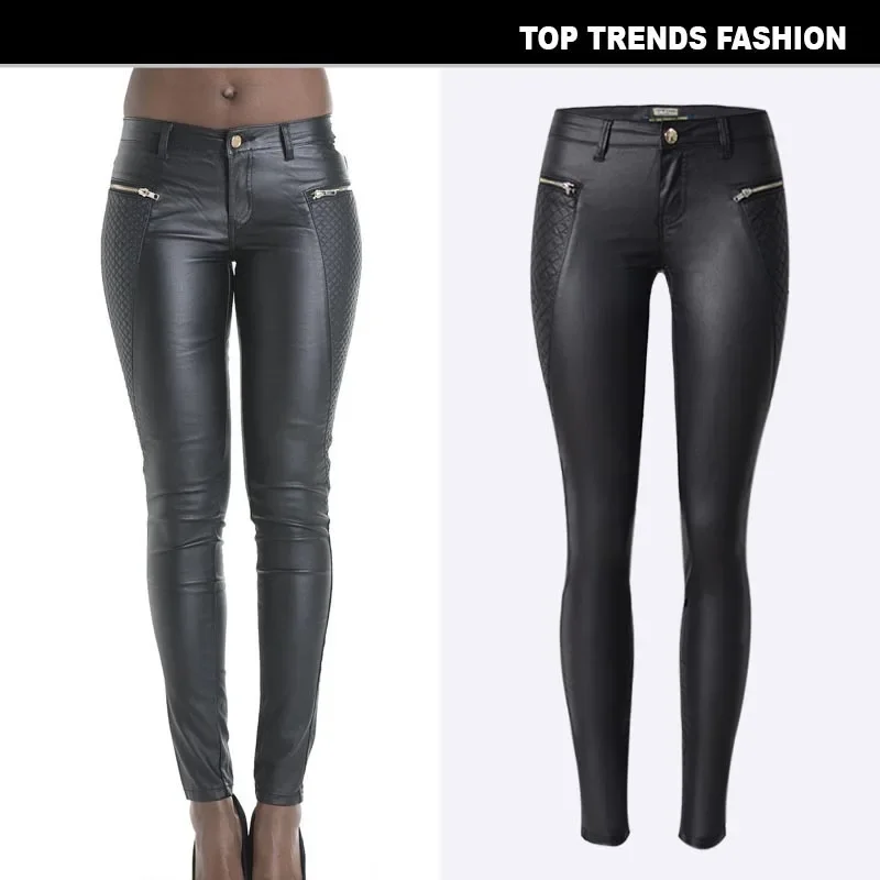 

Women Pant Autumn and Winter Popular Black Low Waisted Coated Denim Leggings PU Leather Pants for Women