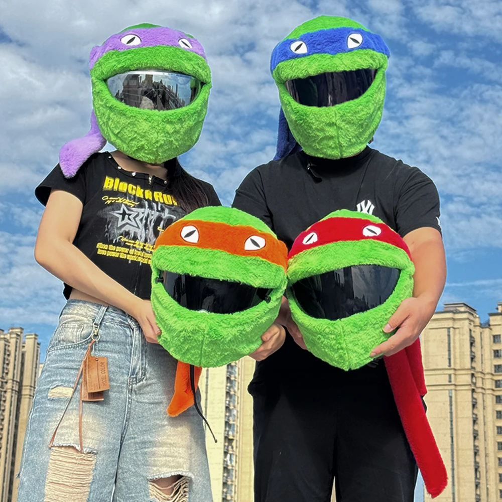 Cartoon Plush Animal Motorcycle Full Helmet Cover Green Funny Scratch Resistant Funda De Casco Soft Ninja‑Style Turtle Hood
