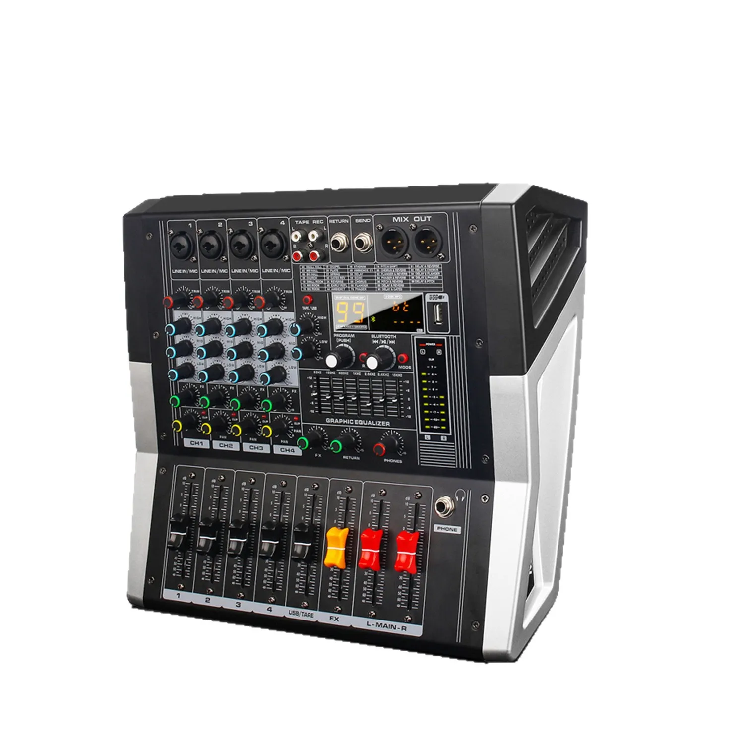 600W*2 Powered Audio Mixer 6 Channel Active Sound Mixing Console Built-in Amplifier and 99 DSP Effects for Stage Audio