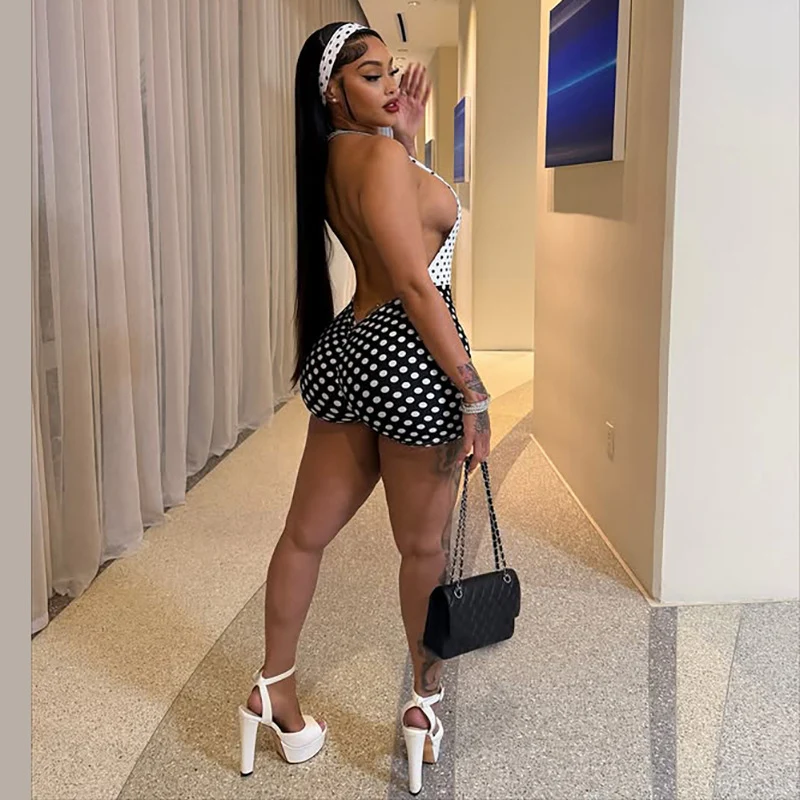 مثير دوت طباعة Bodycon Playsuits امرأة رومبير أكمام الرسن الخامس الرقبة عارية الذراعين المرقعة نحيل نادي حفلة قطعة واحدة داخلية