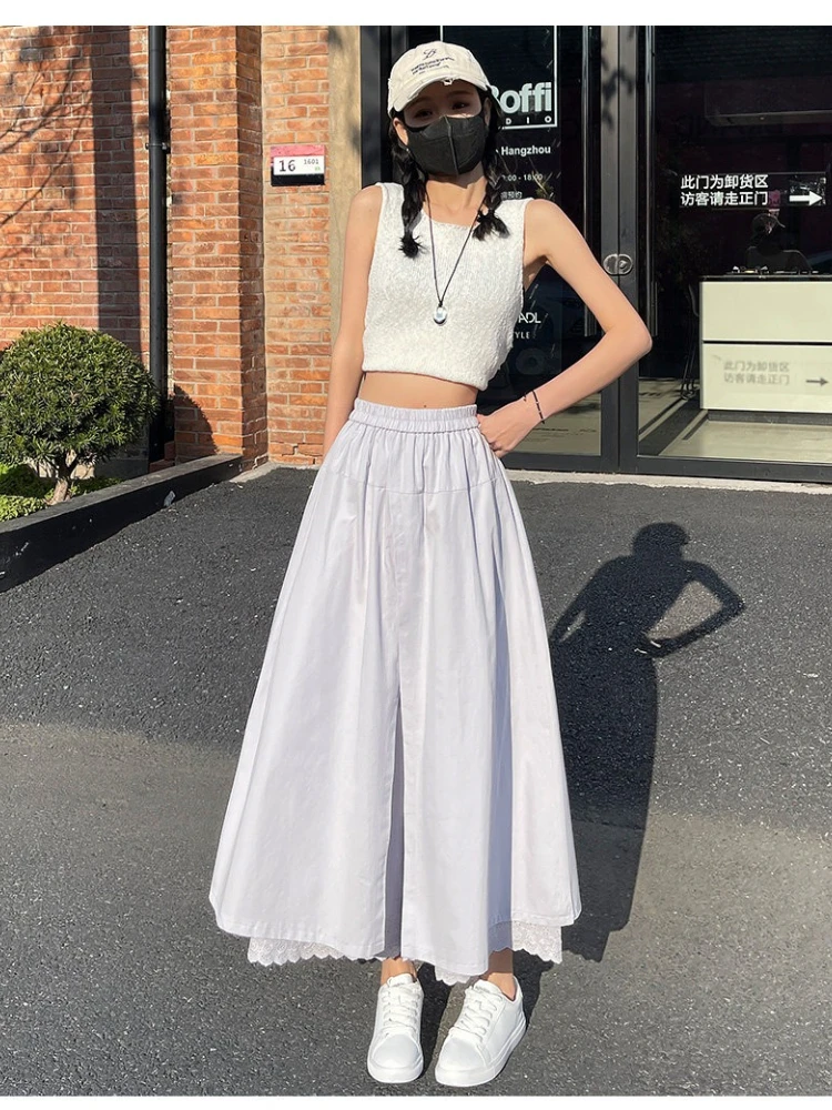 Lace patchwork wide leg pants women in summer new thin style high waisted elastic and casual solid color nine cropped pants
