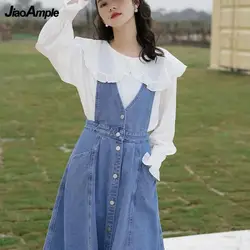 Women's Sweet Casual Two Pieces Dress Set 2022 Lady Graceful Peter Pan Collar White Shirt+Denim Overalls Skirts Suit Student