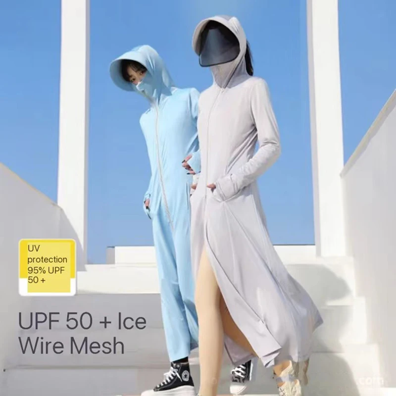 Sunscreen Jacket Sun Protection Clothing Women Ice Mesh UPF50+ Long Coat with Lens and Sun Hat for Walk Driving Summer Travel