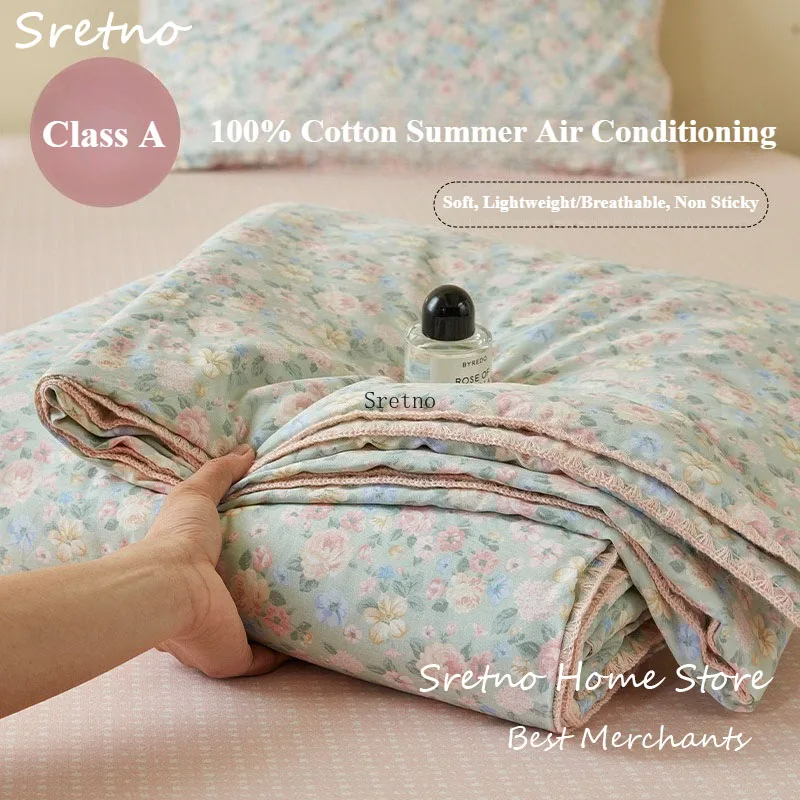 Class-A 100% Cotton Summer Quilt 4 Pieces Set, Can Sleep Naked Machine Washable Air Conditioning Comforter, Bedding Set