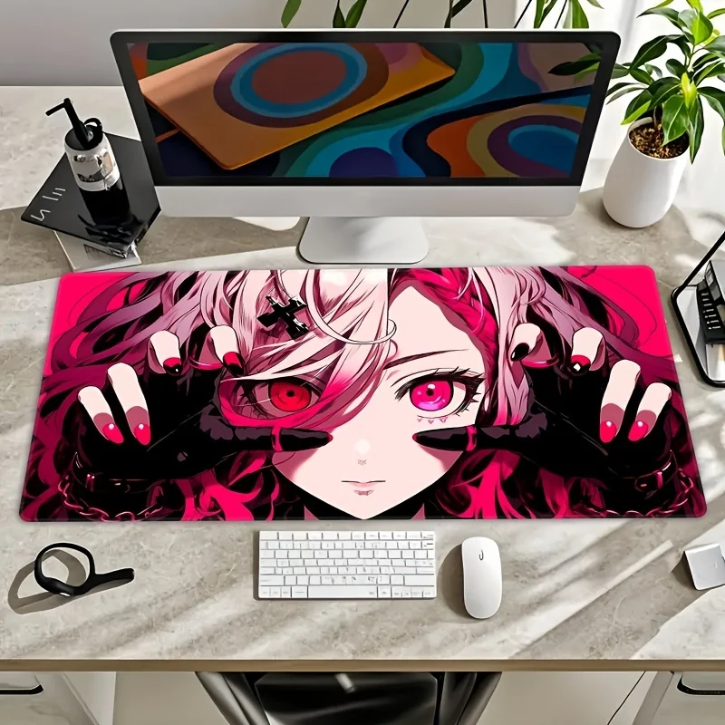 Extra-Large HD Anime Red Eye Girl Mouse Pad - Extended, Non-Slip Rubber Base with Stitched Edges for Gaming and Office Use