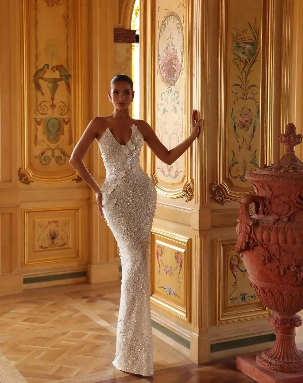 Robe de soirée sirène à paillettes scintillantes, sans bretelles, col en cœur, avec des Appliques de perles, robe avec traîne détachable, personnalisée