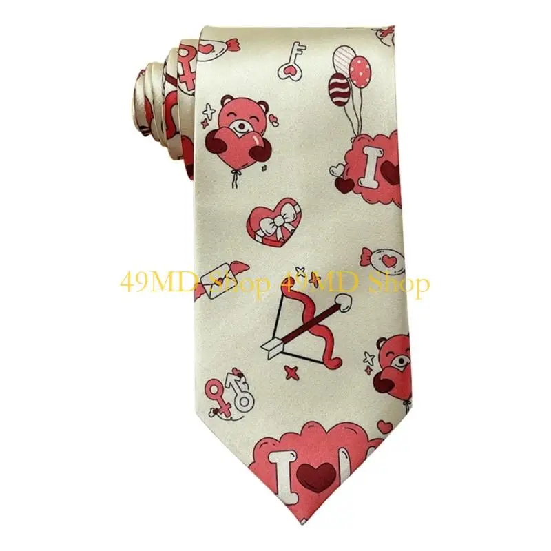 49MD Stylish Mens Silk Feel Necktie Rose Heart Bear Pattern Polyester Fabric Long Tie Valentines Day Gift For Him