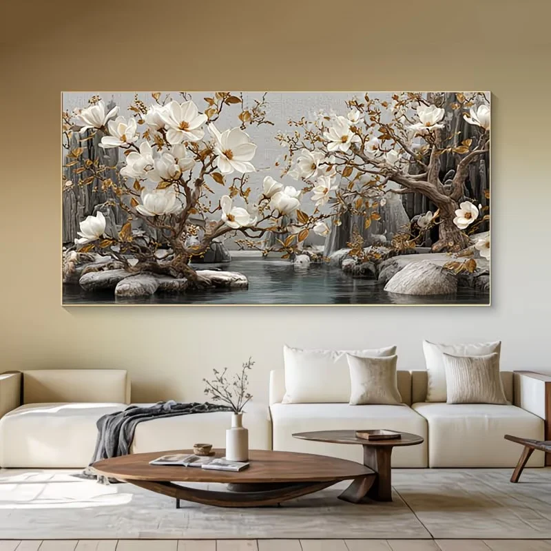 Rock Creek Magnolia Flowers Landscape 5D DIY Diamond Painting Full Diamond Mosaic Golden Branches Embroidery Kit Home Decor Gift