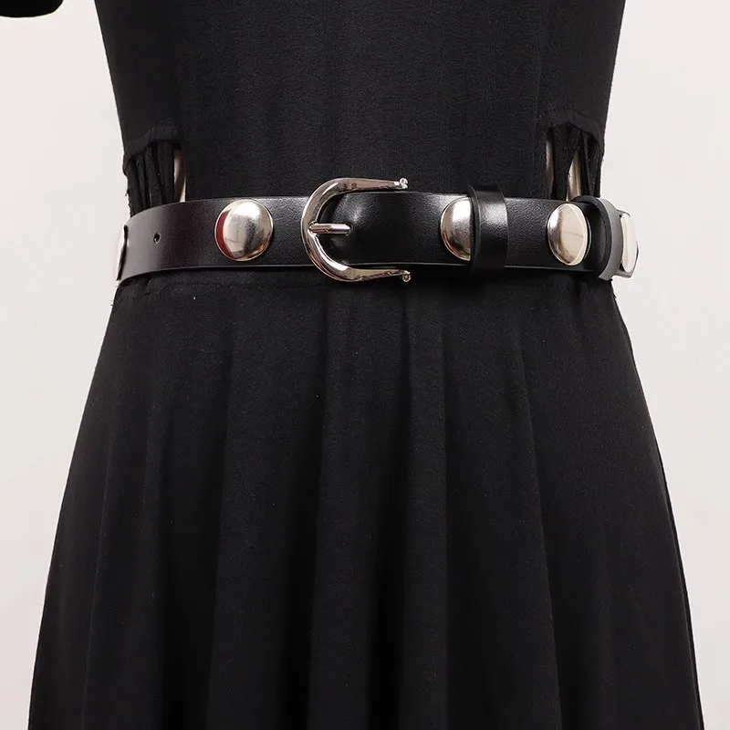 

Women's Fashion Black Genuine Leather Rivet Punk Cummerbunds Female Dress Corsets Waistband Belts Decoration Narrow Belt R2020