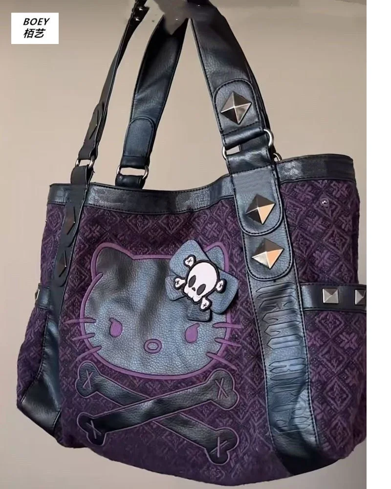 Sanrio Hello Kitty Vintage Patchwork Purple Armpit Bag Subculture Y2K Sweet Spicy Girl Handbag Gothic Trend Versatile Tote Bag