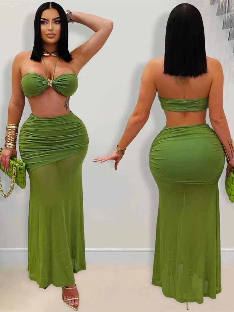 Bademode Rock Cover-up 2-teiliges Set Frauen Crop Tops und langen Rock Badeanzug Fashion Solid Hohl Sexy Strand Cover Up Outfits