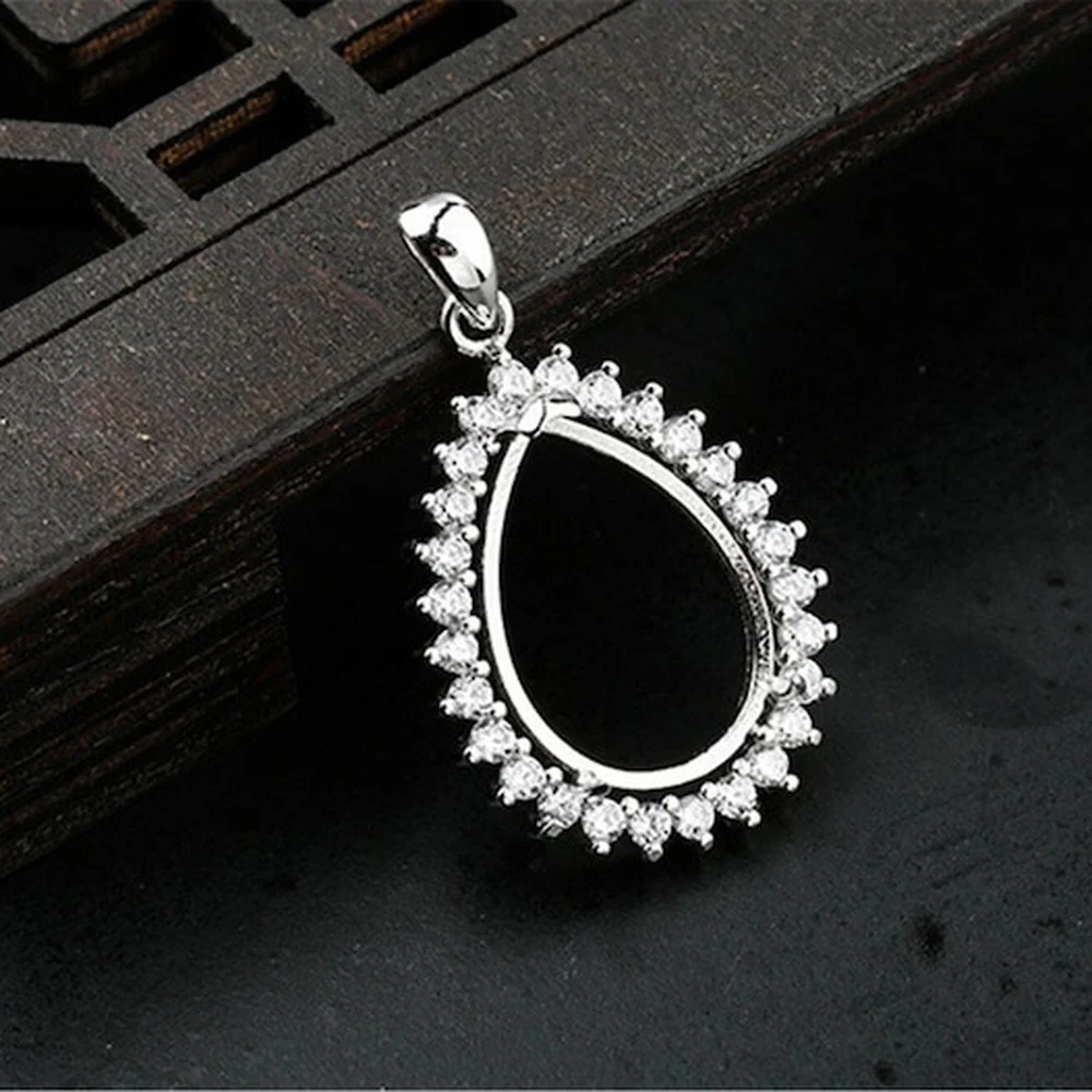 Pendant Blank (13x18mm Teardrop Blank) White Gold Plated 925 Silver Zircon Cabochon Pendant Setting P339B