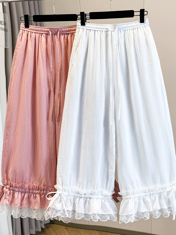 

Casual Cotton Linen Lantern Pants Elastic Waist Hem Lace Trim plus Size Women's Loose Fit High Waist Summer Slimming Nine-Pie...