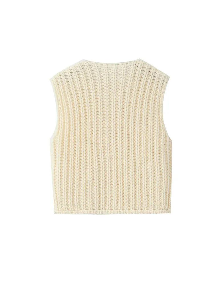 TRAF 2024 Autumn Women Knitted Tops Sleeveless Pocket Decoration Single Breasted Casual Vest Top Woman Solid Short Vest