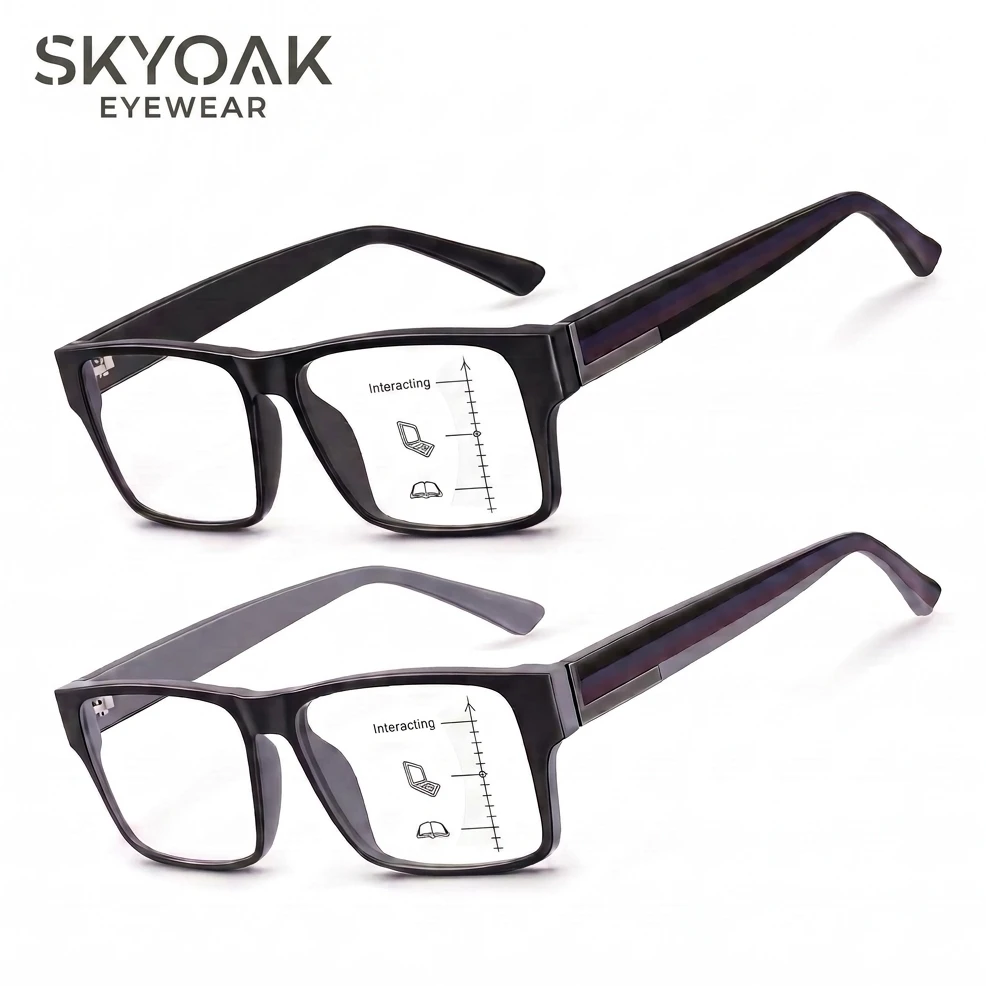 SKYOAK  2 Pack TR90 Unbreakable Progressive Reading Glasses for Men, Anti Blue Light UV, Thick Frame