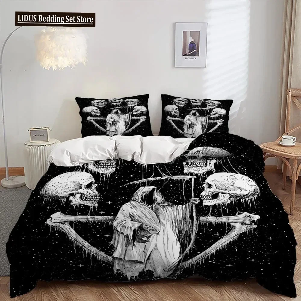 3D Print Duvet Cover Set, Gothic Skull Bedding Sets,Skeleton Comforter Full Queen Size Halloween Horror Quilt Cover