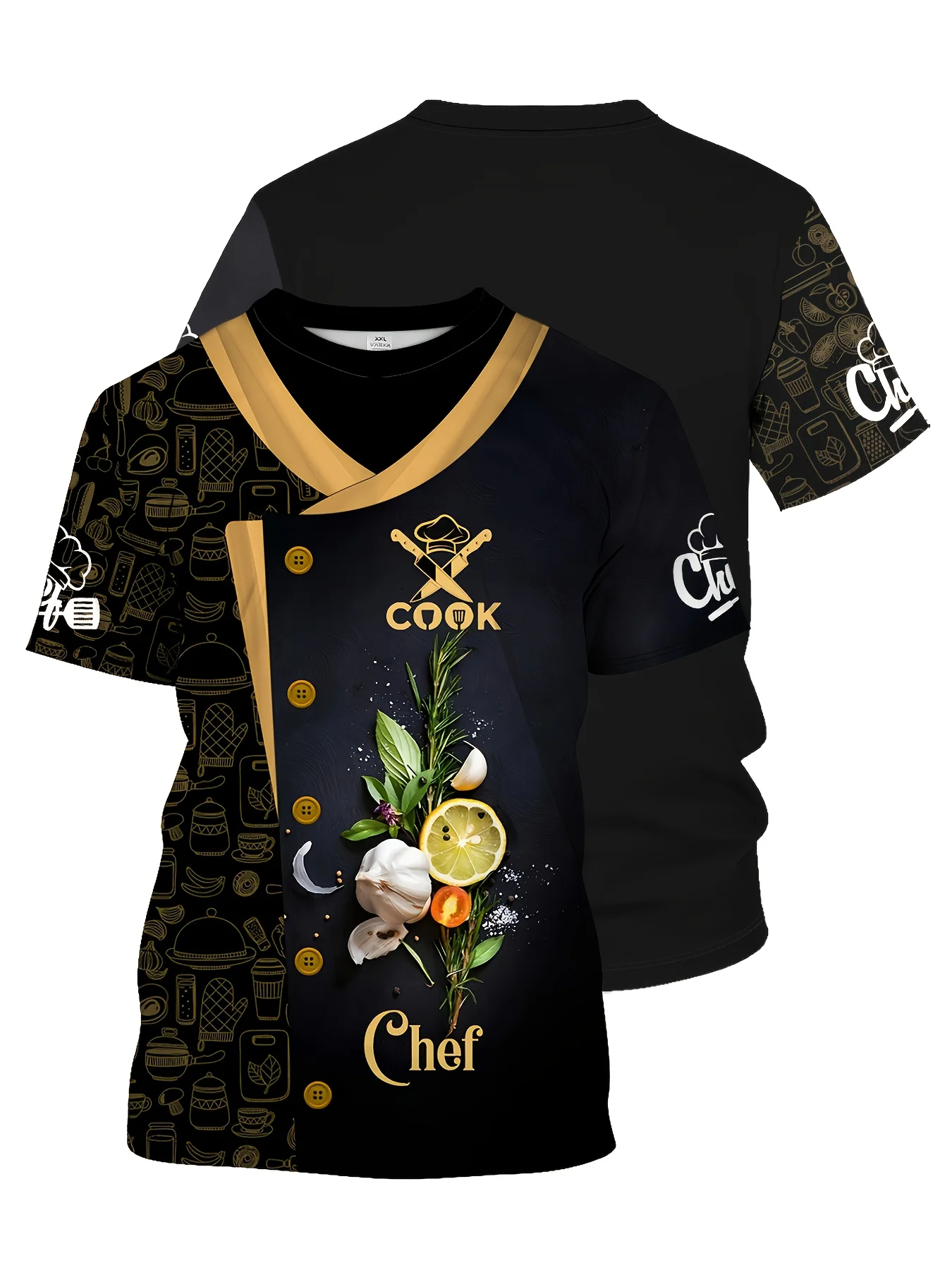 2026 3D Lemon Garlic Herb Chef‑Print T‑Shirt  V‑Neck Mock‑Button Kitchen‑Utensil Pattern Restaurant Cook Short‑sleeve Work Unifo