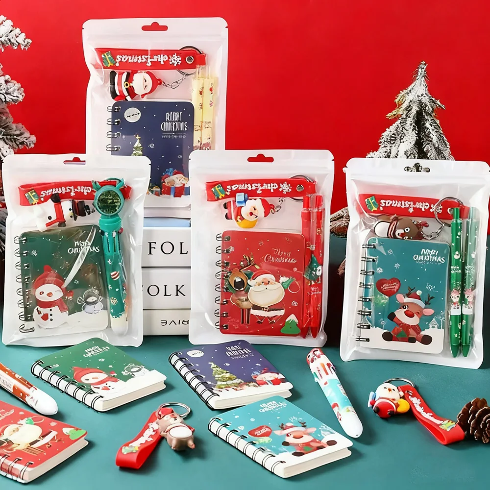Ensemble de papeterie de Noël 3 en 1 - Carnet + stylo gel + porte-clés de Noël, design festif de flocon de neige du Père Noël, cadeau de vacances pour les enfants