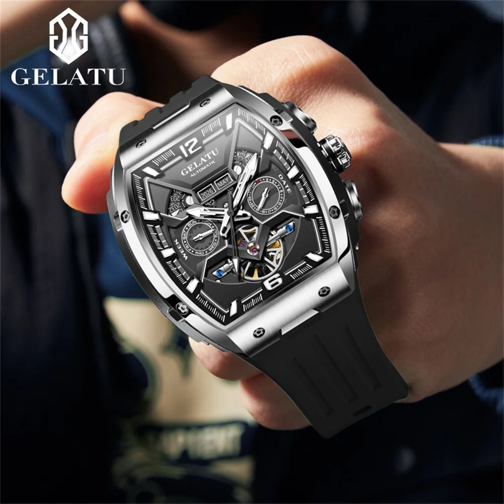 GELATU 6013 Auto Date Mechanical Watch For Men Hollow Skeleton Big Dial Silicone Strap Hand Clock Waterproof Original Man Watch