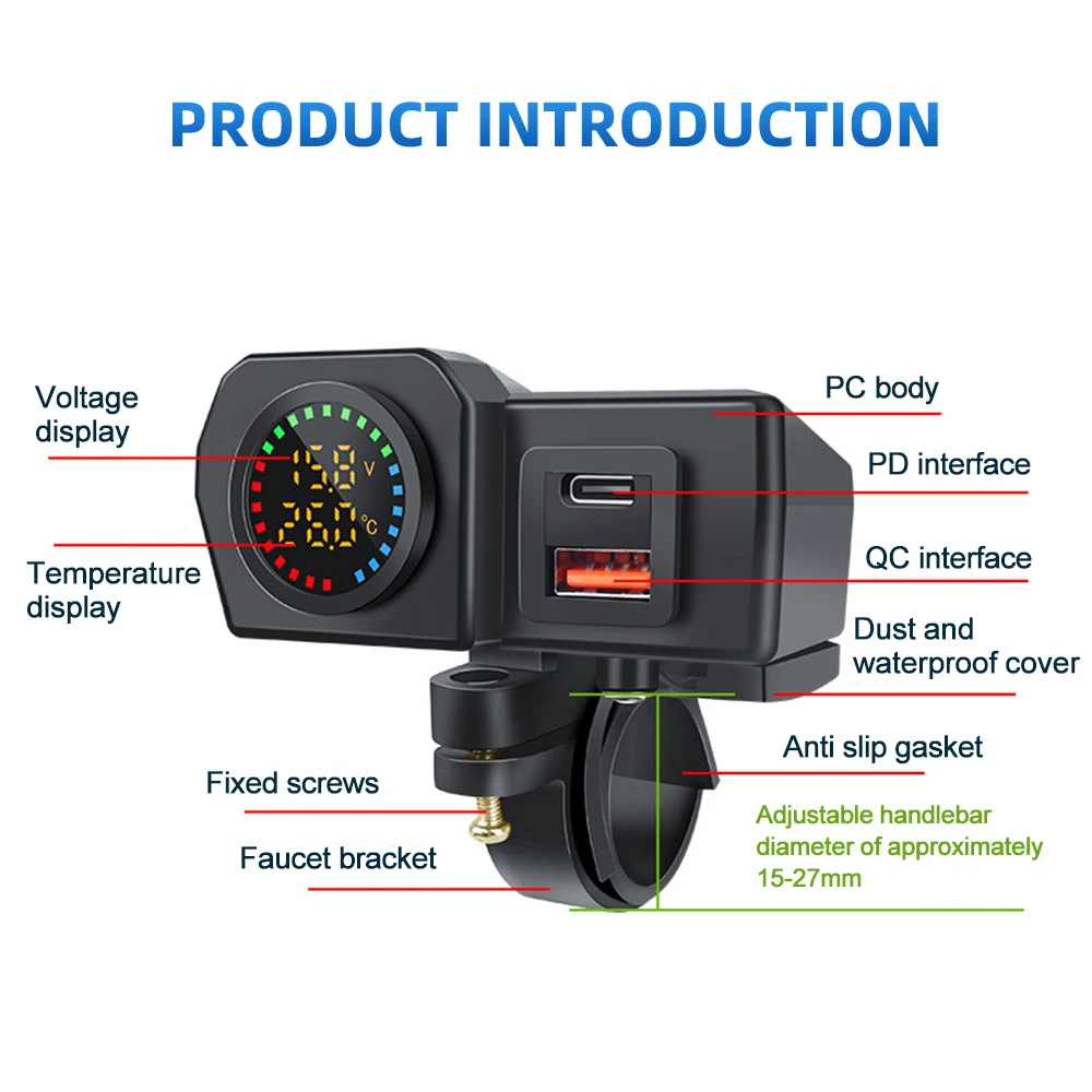 Color Display Dual QC3.0 PD Motorcycle Charger Fast Charging Voltmeter Thermometer Digital Display Mobile Phone Charger Socket