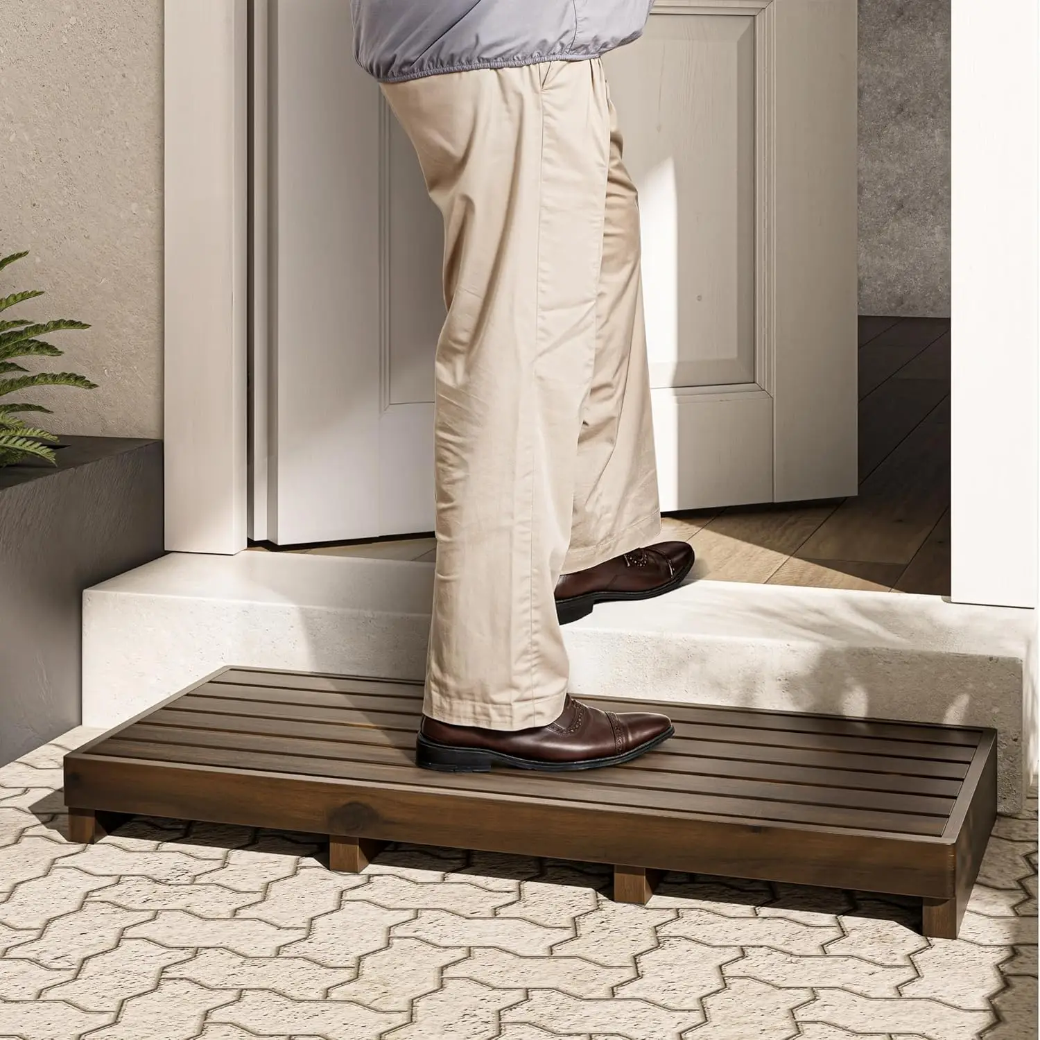 

35" Acacia Wood Step Stool for Elderly with Non-Slip Pads - 550 Lbs Capacity for Bed, Bathroom, Kitchen (Walnut)