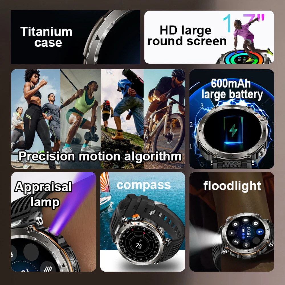 방수 스마트 시계 군사 GPS 원래 디자인 남자 블루 치아 호출 건강 모니터 LED 손전등 600mAh 100+ 스포츠