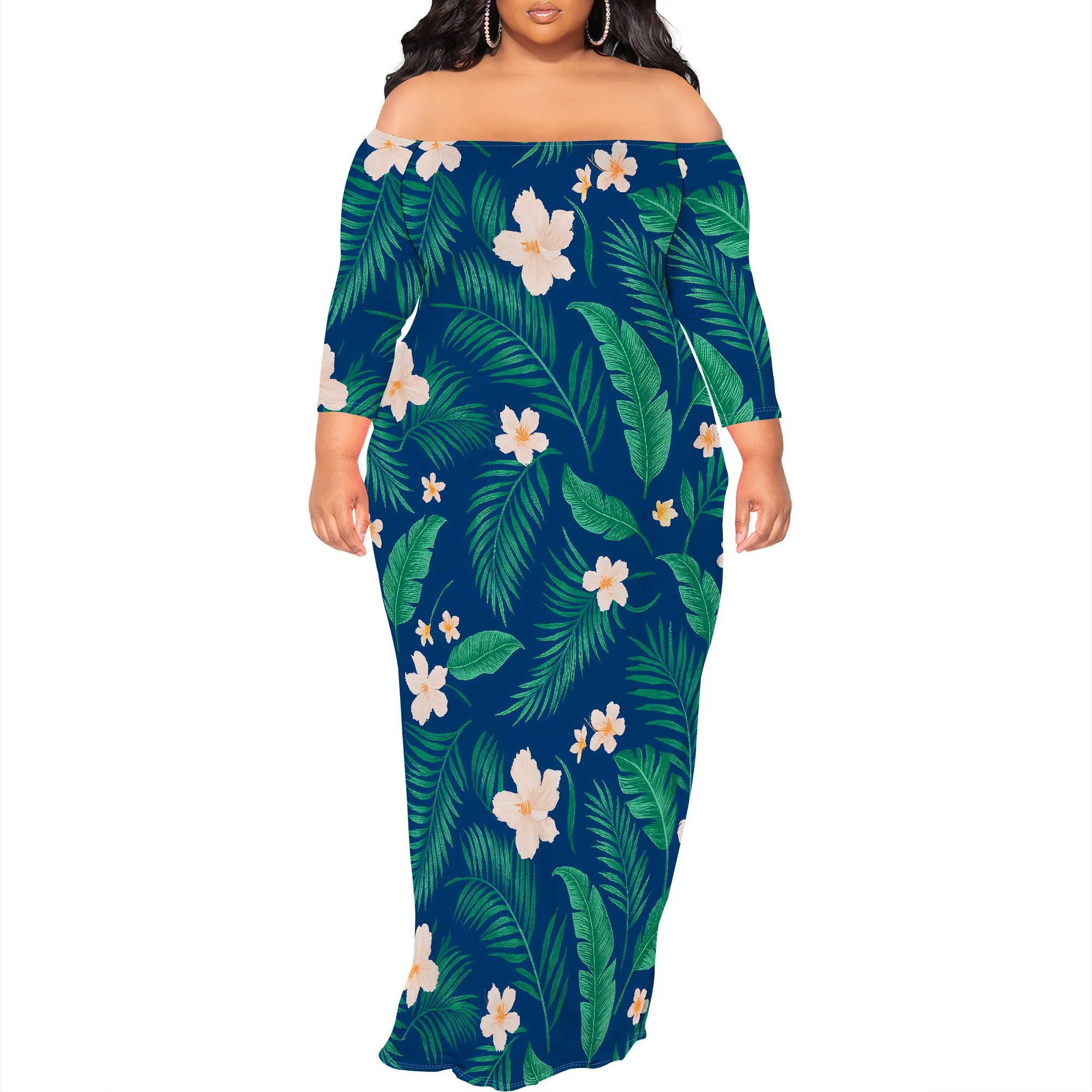 ผู้หญิงปิดไหล่ชุดเซ็กซี่ฮาวายดอกไม้พิมพ์ยาวปาร์ตี้ความยาว Maxi Dress ฤดูร้อนชุดลําลองชายหาด