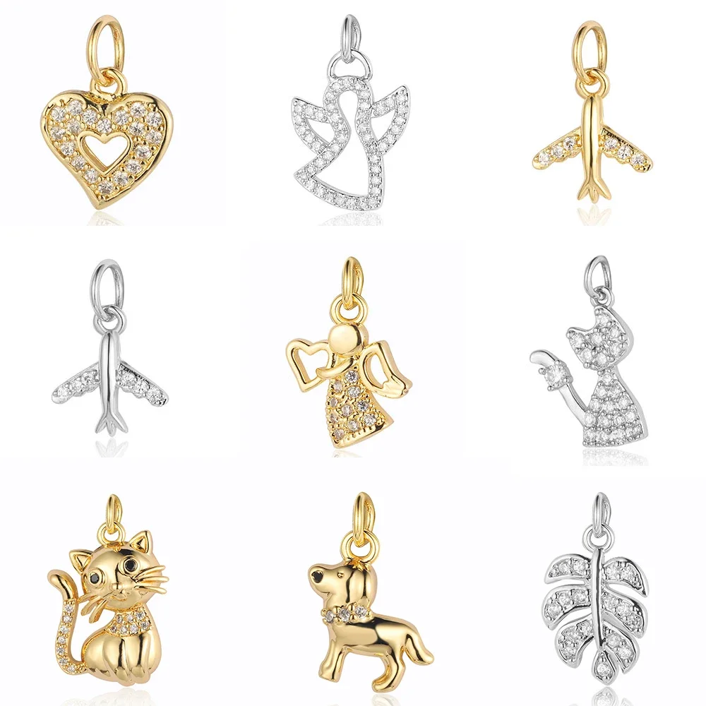 5pcs/Lot Angel Heart Copper Cubic Zircon Charms Cat Dog Monstera Leaf CZ Bracelet Earring Necklace Pendant Jewelry