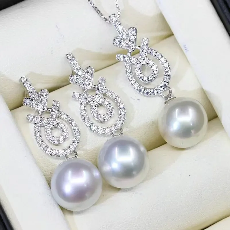 

Luxury Set of Genuine White Round Pearl Pendant 12-13mm Earring 12mm Women Jewelry Wedding Party Gift 925 Sterling Silver 228AAA