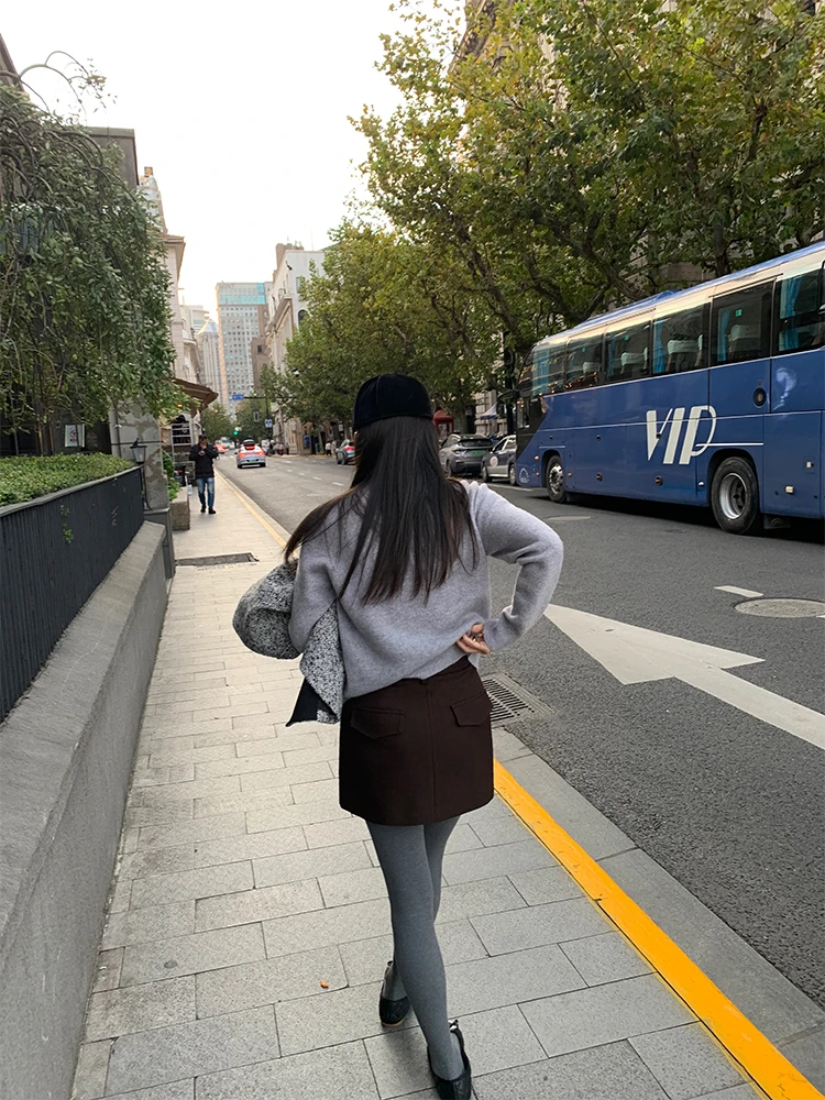 Zimowa Spódnica w Stylu Faion z Koronkowym Wykończeniem, Krój A-Line, Damska, Koreańska, Zapinana na Zamek, z Portfelem, Wyściełana, Poliestrowa, Biznesowa Spódnica