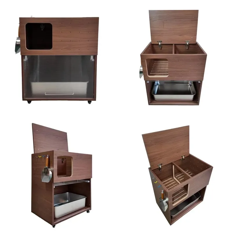 Retro Rectangular Semi-Closed Cat Litter Box Double Layer Hidden Deodorant Sand Proof Cat Toilet Furniture