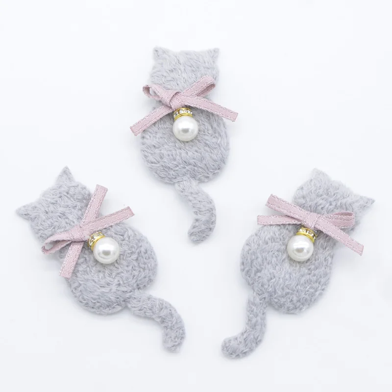 10Pcs Cute Plush Cat Padded with Pearl Pendant for Clothes Patch Fabric Sewing Craft Socks Gloves Shoes Decal Decoration