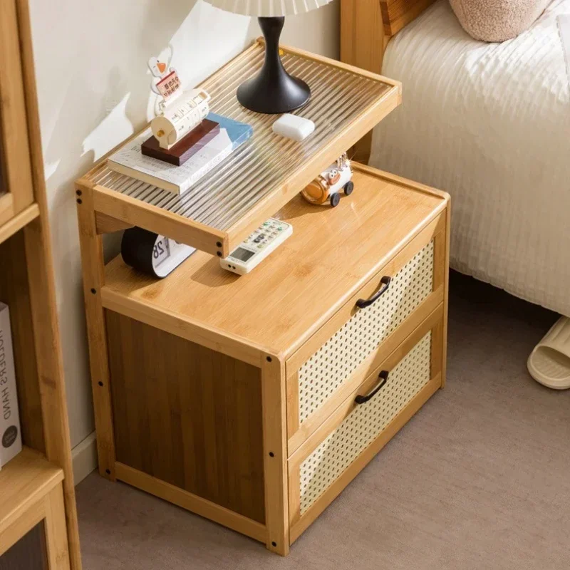 All solid wood retro bedside table simple modern shelf small household bedroom new Chinese style bedside table with glass