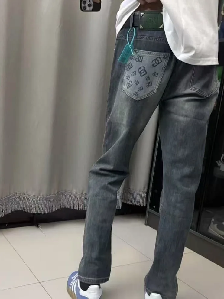 

Модные джинсы с буквенным принтом, мужские облегающие прямые брюки с эластичной резинкой на талии, весна-лето, длинные брюки, повседневная одежда, молодежные брюки
