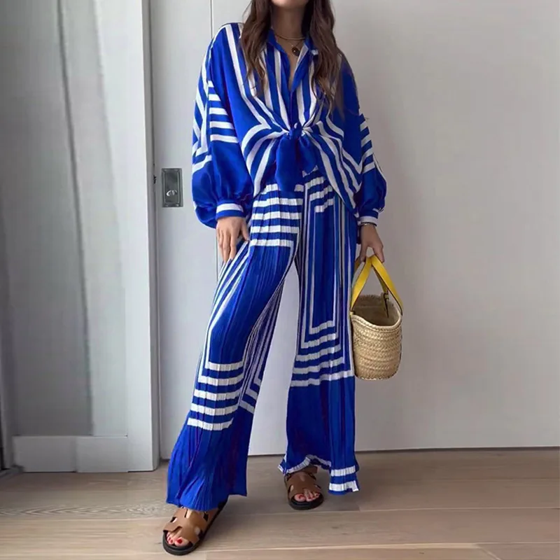 Ladies' Autumn Fashion Blue Set Printed Stripe Lace Up Shirt Elegant Folded Loose Straight Leg Wide Leg Pants Set Two Piece Set