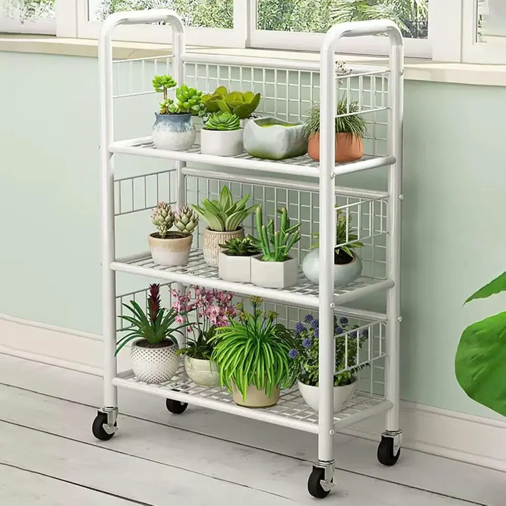 

Трехъярусная металлическая подставка для растений на колесиках с регулируемыми полками