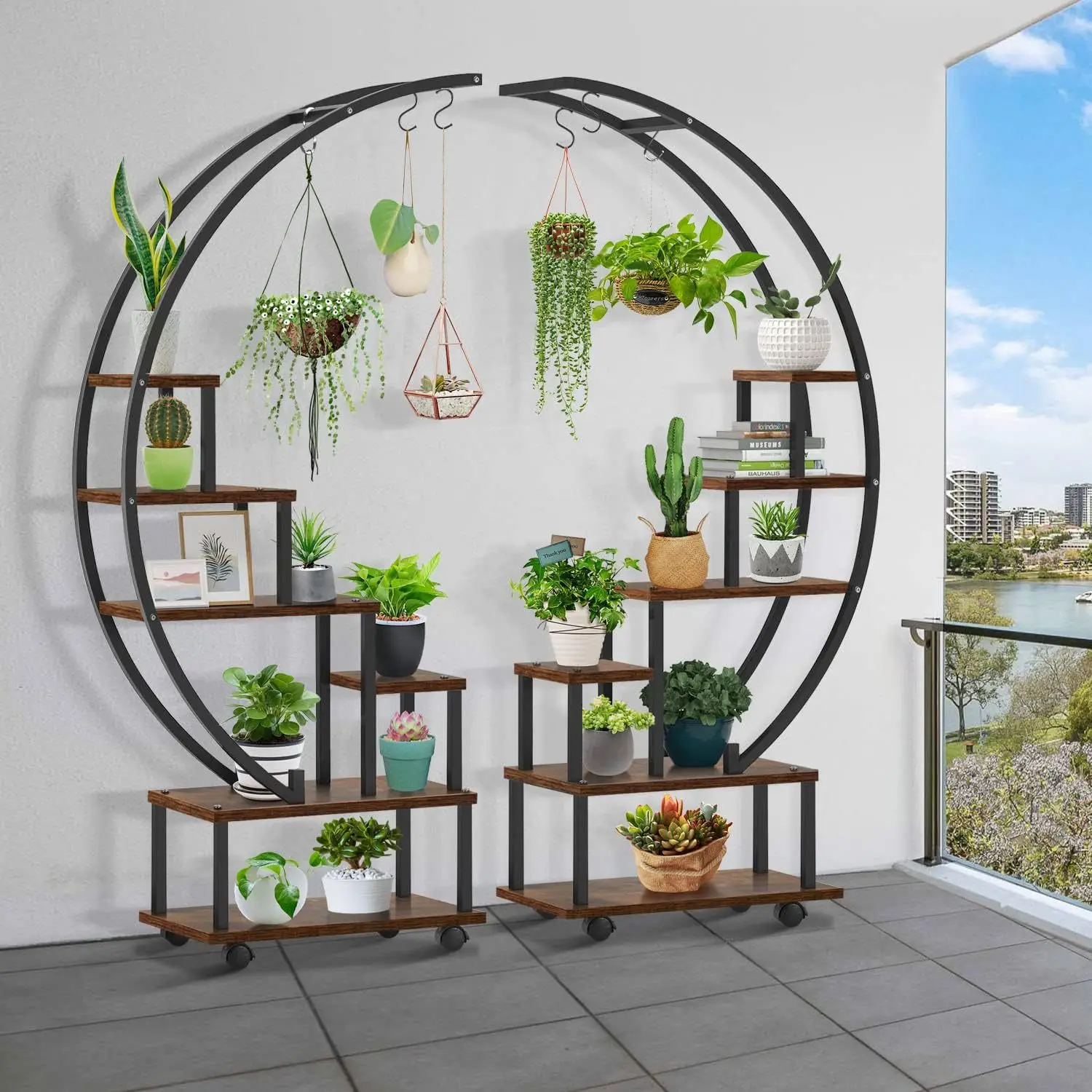 Home garden six-tier movable half-moon ladder plant stand display with hanging ring storage flower stand